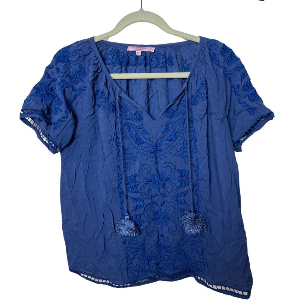 Calypso St. Barth Blue Embroidered Blouse, XS